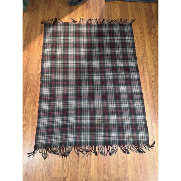 Vintage 1930s Pendleton Wool Blanket Fringe Gray Red 78”x56” Fringed